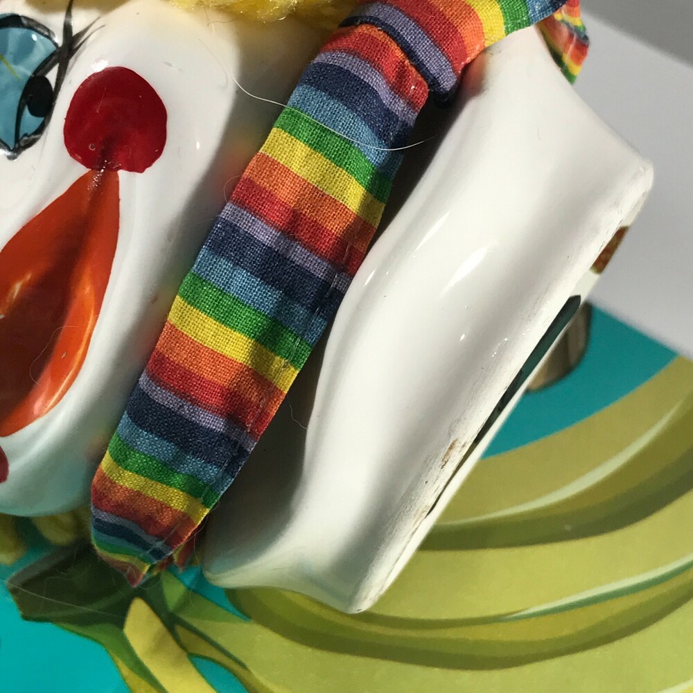 CLOWN BANK Ceramic Taiwan Yarn Hair Fabric Ruffle Rainbow 5 Inch Circus Vtg - Picture 11 of 12